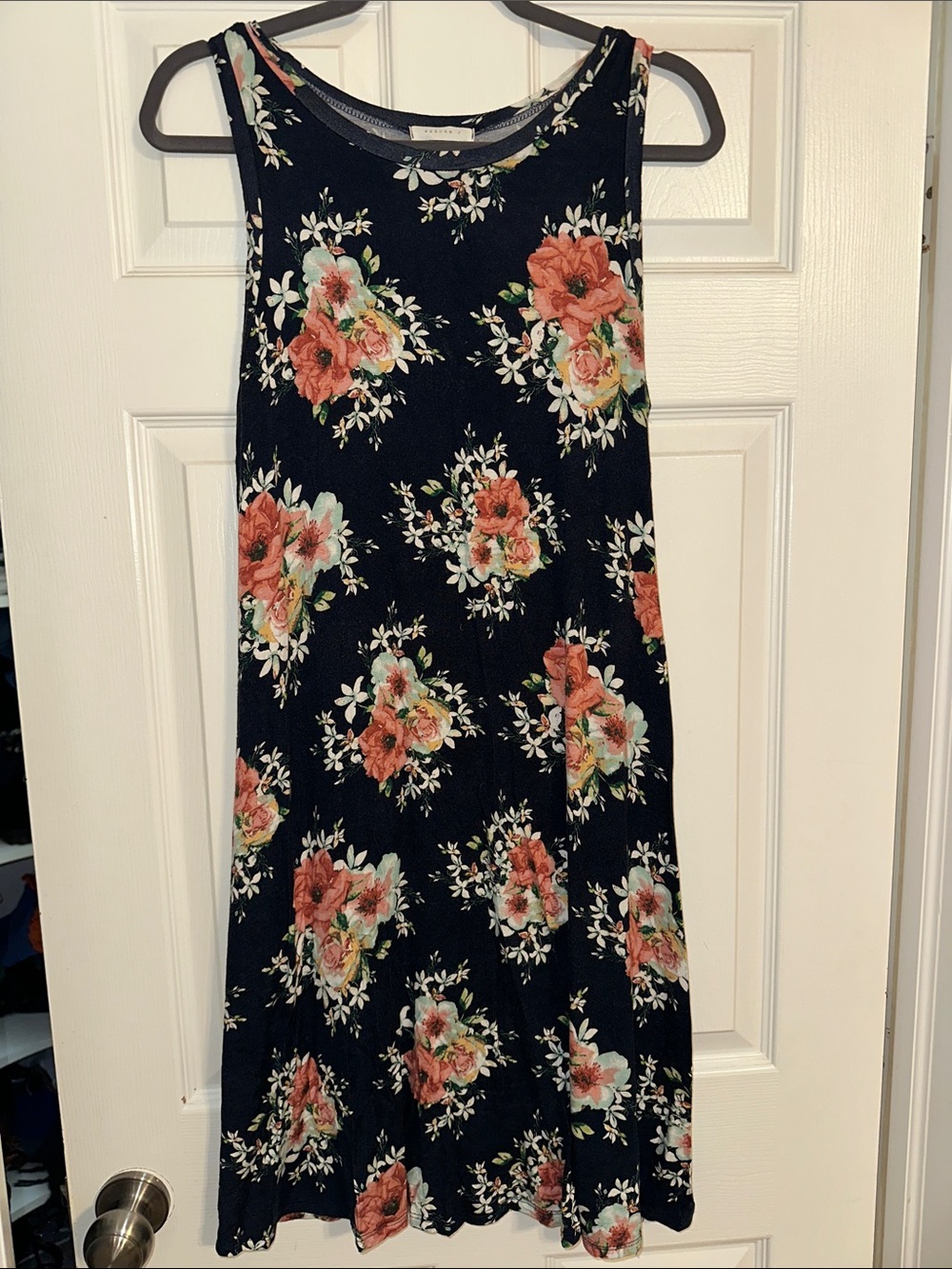 Reborn J Navy Floral Midi Dress with Coral & Cream Blooms